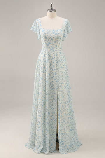 A-Line Square Neck Blue Flower Long Bridesmaid Dress with Slit